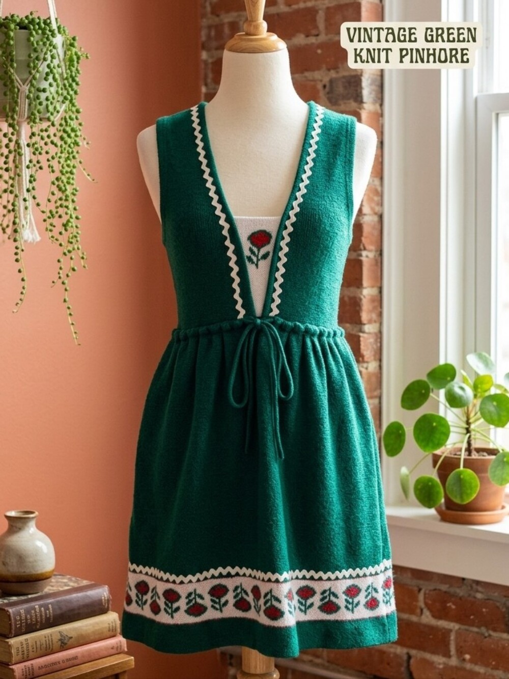 Vintage German Knit Pinafore Dress Green Floral Trim Ric Rac Dralon 29"